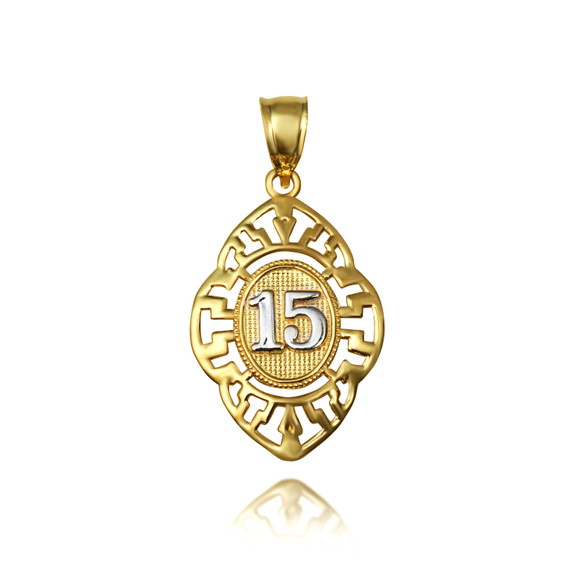 Two-Tone Quinceañera 15 Años Greek Key Oval Textured Pendant Necklace