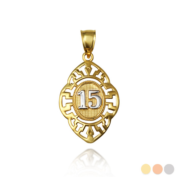 Two-Tone Quinceañera 15 Años Greek Key Oval Textured Pendant