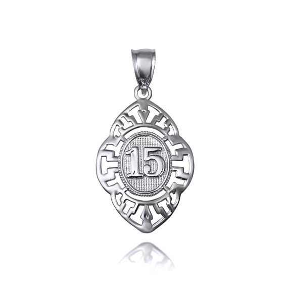 .925 Sterling Silver Quinceañera 15 Años Greek Key Oval Textured Pendant
