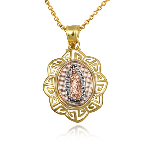 Tri-Color Our Lady of Guadalupe Greek Key Textured Pendant Necklace