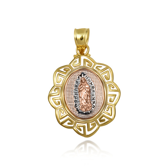 Tri-Color Our Lady of Guadalupe Greek Key Textured Pendant