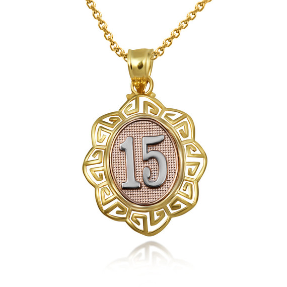 Gold Tri-Color Quinceañera 15 Años Greek Key Textured Pendant Necklace