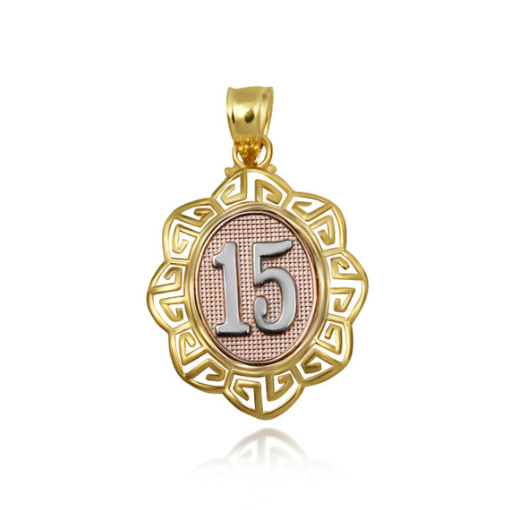 Tri-Color Quinceañera 15 Años Greek Key Textured Pendant