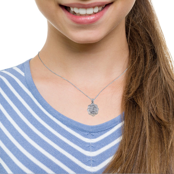 .925 Sterling Silver Quinceañera 15 Años Greek Key Textured Pendant Necklace on female model