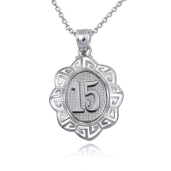 .925 Sterling Silver Quinceañera 15 Años Greek Key Textured Pendant