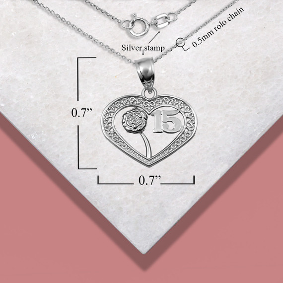 .925 Sterling Silver Quinceañera 15 Años Heart Filigree Rose Flower Pendant Necklace with measurements