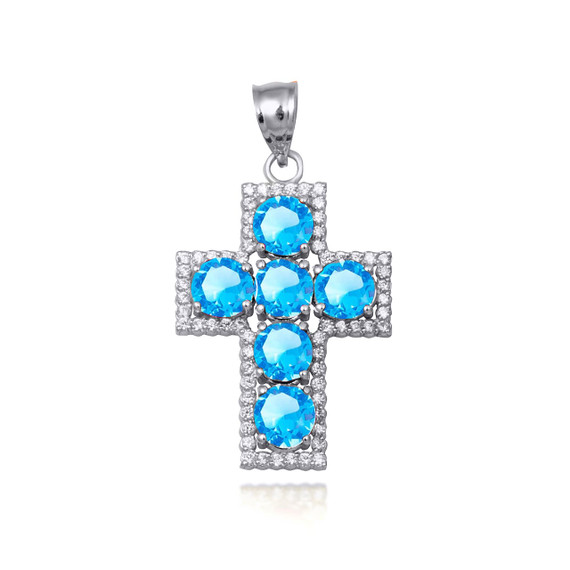 Sterling Silver Blue Topaz Birthstone CZ Cross Pendant