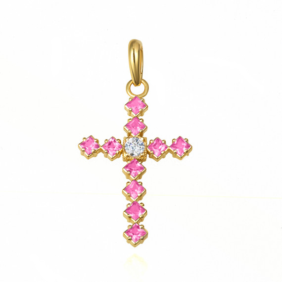 Gold Pink Gemstone Cross Pendant