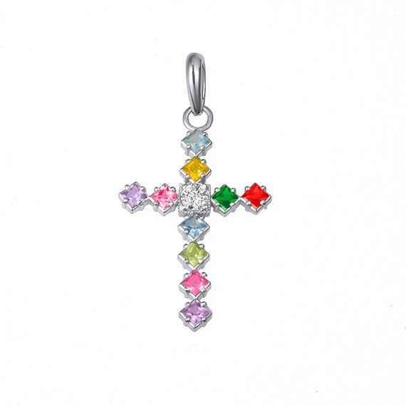 Sterling Silver Rainbow Gemstone Cross Pendant