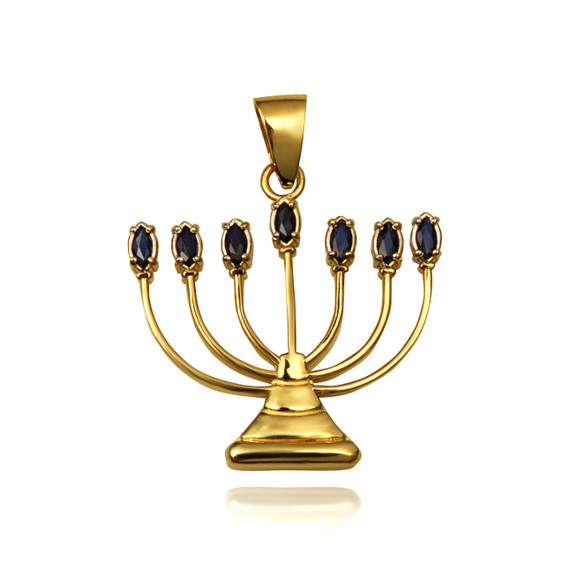 Gold Black Sapphire Jewish Menorah Hanukkah Candle Pendant