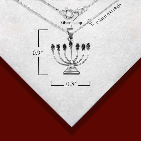 Sterling Silver Black Sapphire Jewish Menorah Hanukkah Candle Pendant Necklace with measurements