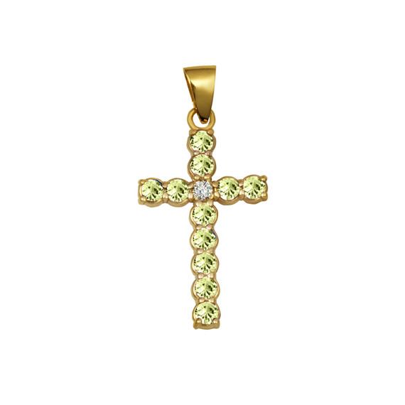 Gold Genuine Peridot  Gemstone and Diamond Cross Small Pendant