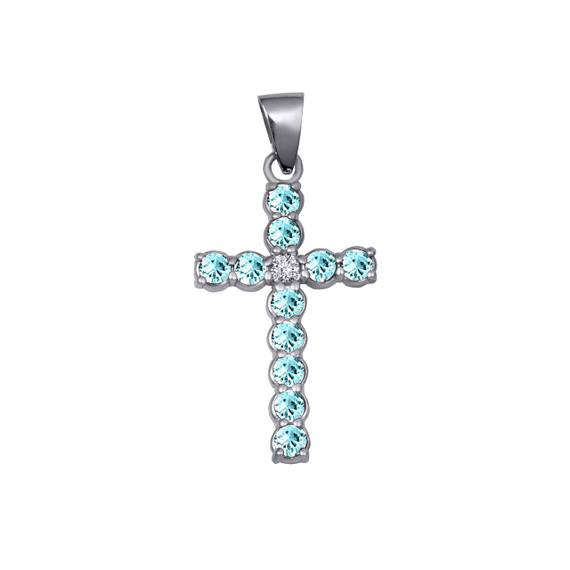 Sterling Silver Aqua Gemstone CZ Cross Small Pendant