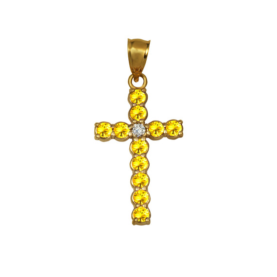 Gold Citrine Gemstone Diamond Cross Large Pendant