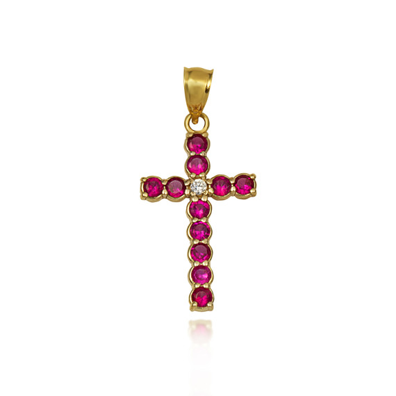 Gold Ruby Gemstone Diamond Cross Large Pendant