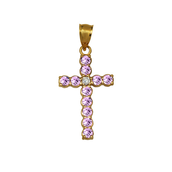 Gold Pink CZ Gemstone Diamond Cross Large Pendant