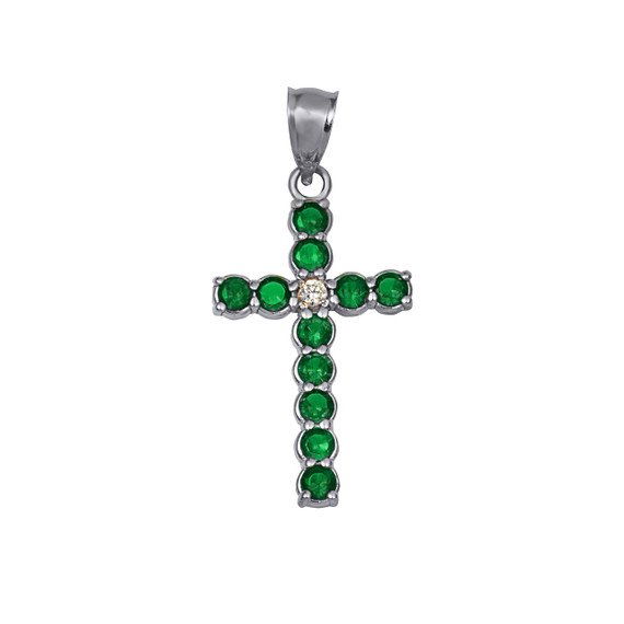 Sterling Silver Emerald Gemstone CZ Cross Large Pendant