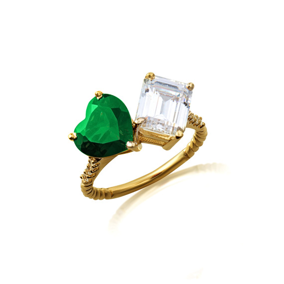 Gold Toi Et Moi Emerald Heart & Emerald Cut Gemstone Roped Twist Diamond Ring