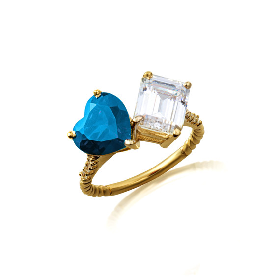 Gold Toi Et Moi Blue Topaz Heart & Emerald Cut Gemstone Roped Twist Diamond Ring