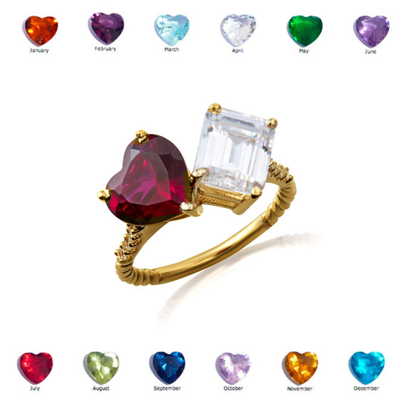 Gold Toi Et Moi Heart & Emerald Cut Gemstone Roped Twist Diamond Ring