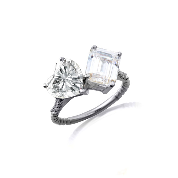 .925 Sterling Silver Toi Et Moi Heart & Emerald Cut Gemstone Roped Twist CZ Ring