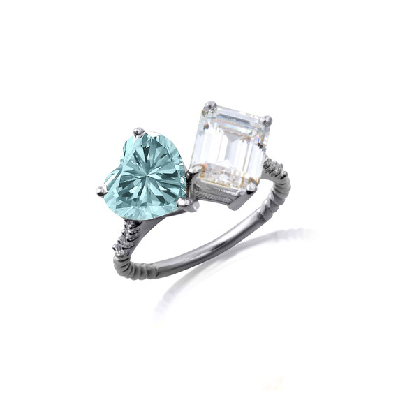 .925 Sterling Silver Toi Et Moi Heart & Emerald Cut Gemstone Roped Twist CZ Ring