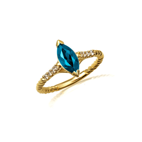 Yellow Gold Marquise Cut Blue Topaz Gemstone Diamond Roped Twist Ring