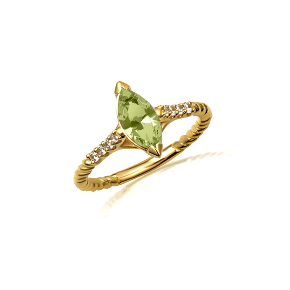 Yellow Gold Marquise Cut Peridot Gemstone Diamond Roped Twist Ring