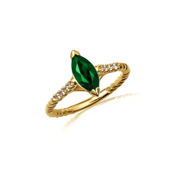 Yellow Gold Marquise Cut Emerald Gemstone Diamond Roped Twist Ring