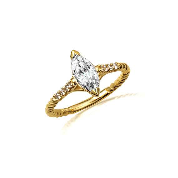 Yellow Gold Marquise Cut Clear CZ Gemstone Diamond Roped Twist Ring