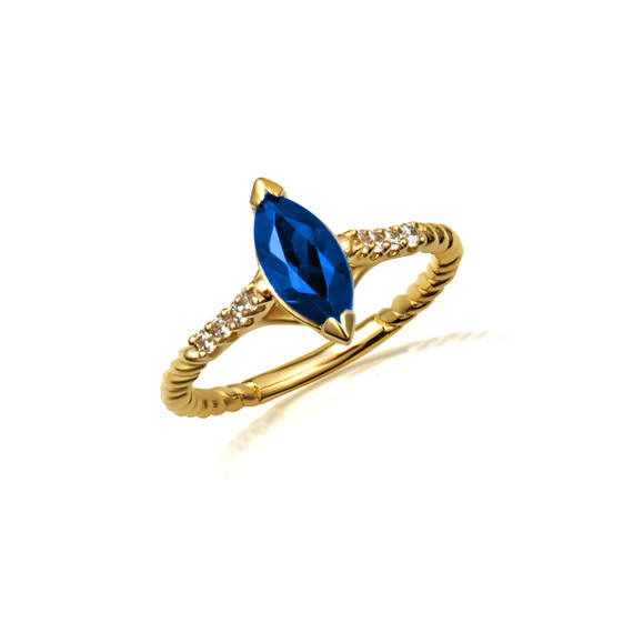 Yellow Gold Marquise Cut Blue Sapphire Gemstone Diamond Roped Twist Ring