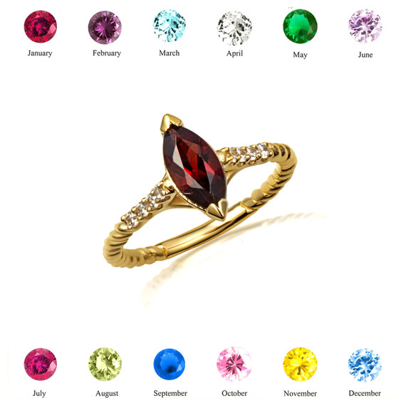 Yellow Gold Marquise Cut Garnet Gemstone Diamond Roped Twist Ring