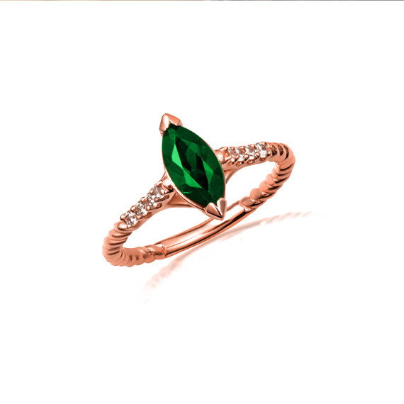 Rose Gold Marquise Cut Emerald Gemstone Diamond Roped Twist Ring