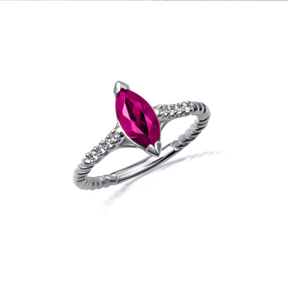 White Gold Marquise Cut Ruby Gemstone Diamond Roped Twist Ring