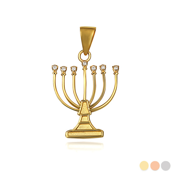 Yellow Gold Diamond Jewish Menorah Hanukkah Candle Pendant