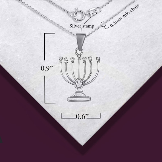 .925 Sterling Silver CZ Jewish Menorah Hanukkah Candle Pendant Necklace with Measurements