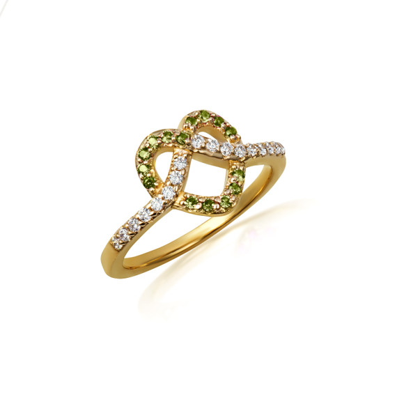 Yellow Gold Heart Chevron Peridot Gemstone Band Ring