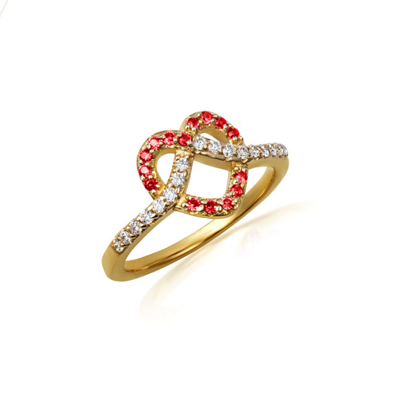 Yellow Gold Heart Chevron Garnet Gemstone Band Ring