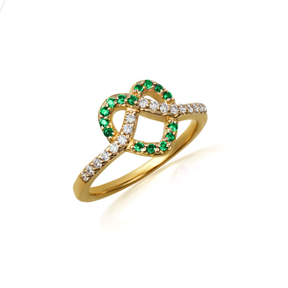 Yellow Gold Heart Chevron Emerald Gemstone Band Ring