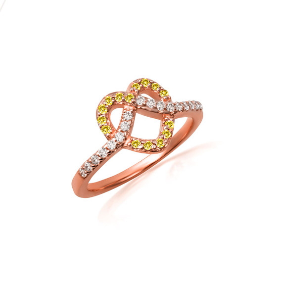 Rose Gold Heart Chevron Citrine Gemstone Band Ring