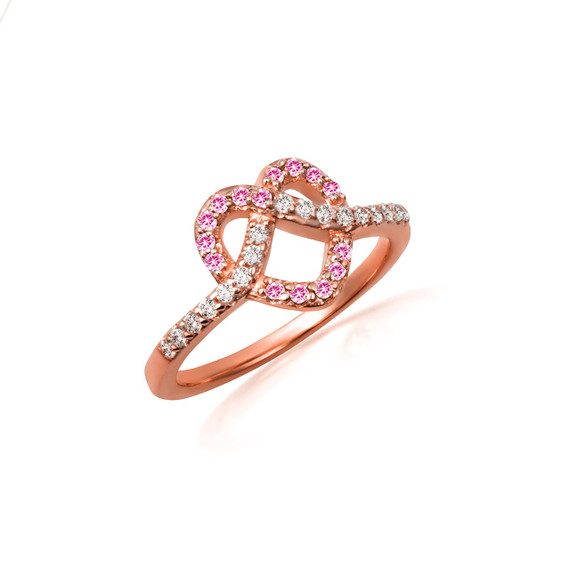 Rose Gold Heart Chevron Pink CZ Gemstone Band Ring