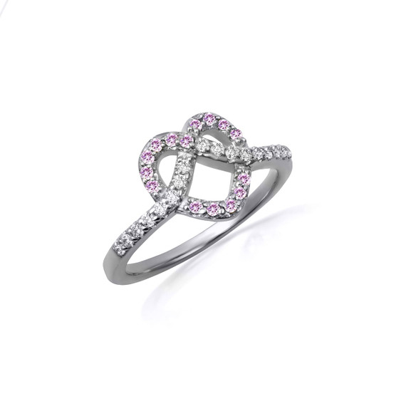 White Gold Heart Chevron Pink CZ Gemstone Band Ring