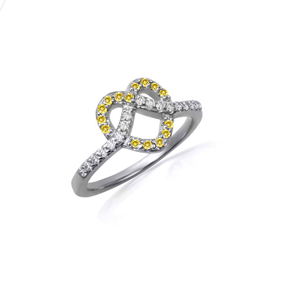 White Gold Heart Chevron Citrine Gemstone Band Ring