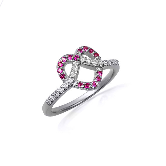 .925 Sterling Silver Heart Chevron Ruby Gemstone Band Ring