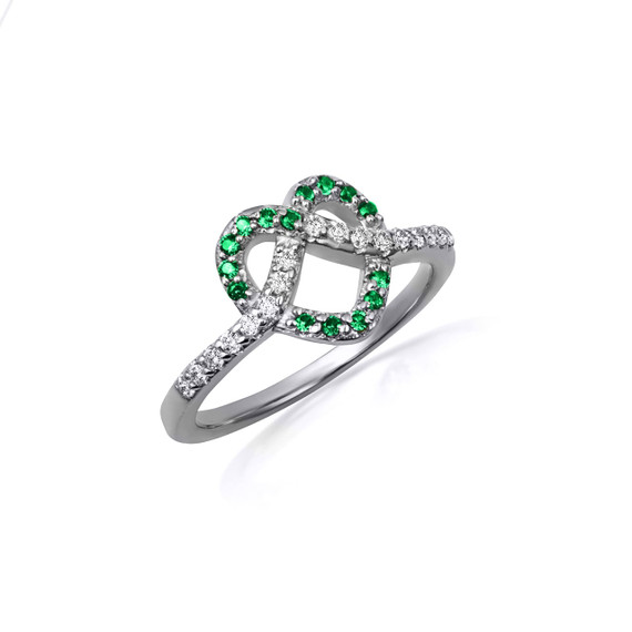 .925 Sterling Silver Heart Chevron Emerald Gemstone Band Ring