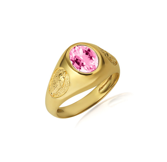 Gold Oval Pink Gemstone Textured Our Lady Of Guadalupe Band Ring