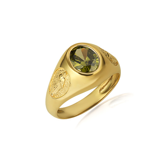 Gold Oval Peridot Gemstone Textured Our Lady Of Guadalupe Band Ring