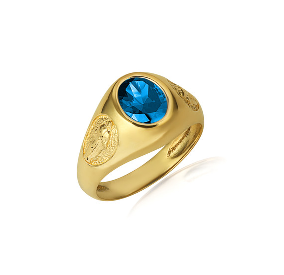 Gold Oval Blue Topaz Gemstone Textured Our Lady Of Guadalupe Band Ring