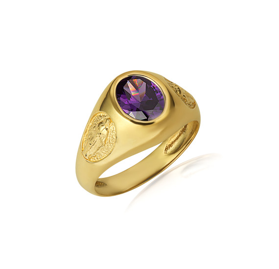 Gold Oval Amethyst Gemstone Textured Our Lady Of Guadalupe Band Ring
