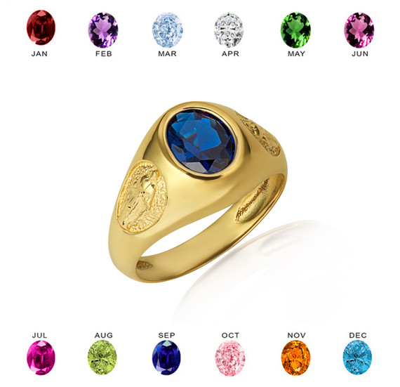 Gold Oval Gemstone Textured Our Lady Of Guadalupe Band Ring